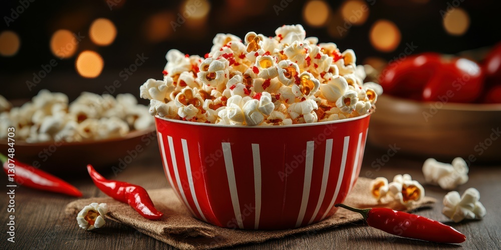 Crispy popcorn served in a festive striped bowl ready for a cozy movie night at home Crispy popcorn served in a festive striped bowl ready for a cozy movie night at home