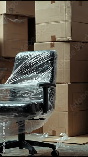 Office chair covered in plastic wrap among stacked boxes