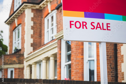For Sale sign displayed outside a terraced house in Crouch End, London, UK