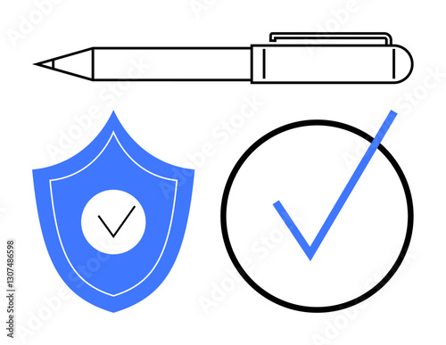 Pen, shield with checkmark, and circular checkmark symbolizing security, verification, trust, agreement, commitment, authenticity and clarity. Ideal for business contracts security trust