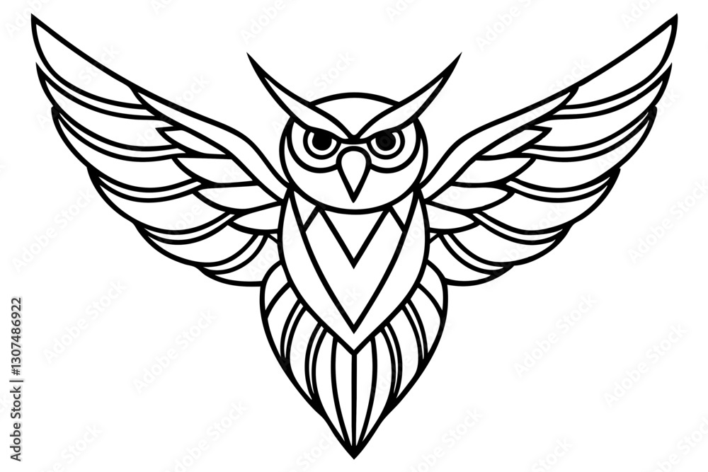 Fototapeta premium Owl with Symmetrical Wings – Modern Line Art Vector for Wildlife and Nature Designs
