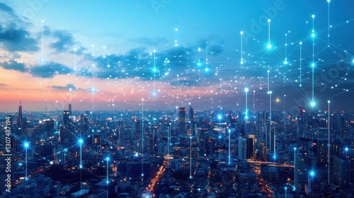 Smart city at night, network connections.