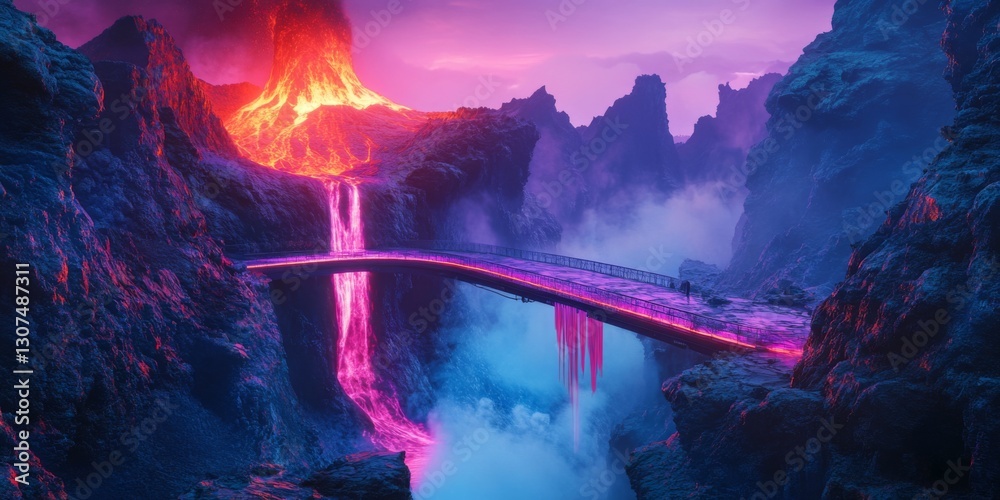 Fototapeta premium A breathtaking view of a vibrant volcanic landscape. The image showcases a stunning eruption with colorful lava and a waterfall. Ideal for creative projects and nature enthusiasts. AI