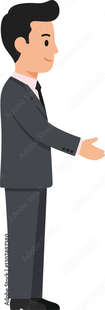Professional businessman in a grey suit extending his hand for a handshake in a minimal design style vector illustration Professional businessman in a grey suit extending his hand for a handshake in a minimal design style vector illustration