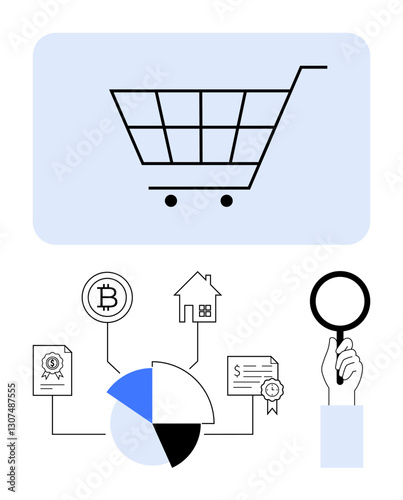 Shopping cart above pie chart linking bitcoin, real estate, document, certificate of value, and magnifier. Ideal for finance, investment, e-commerce, economy analysis wealth management