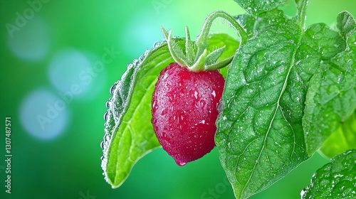 Close up of a single, dew covered red berry on a green plant with blurred green background. Vibrant colors and water droplets are prominent. 