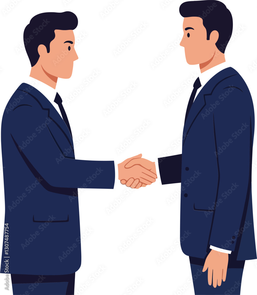 Two business professionals in suits shaking hands in a friendly manner, minimal design style, showcasing cooperation and agreement, vector illustration Two business professionals in suits shaking hands in a friendly manner, minimal design style, showcasing cooperation and agreement, vector illustration