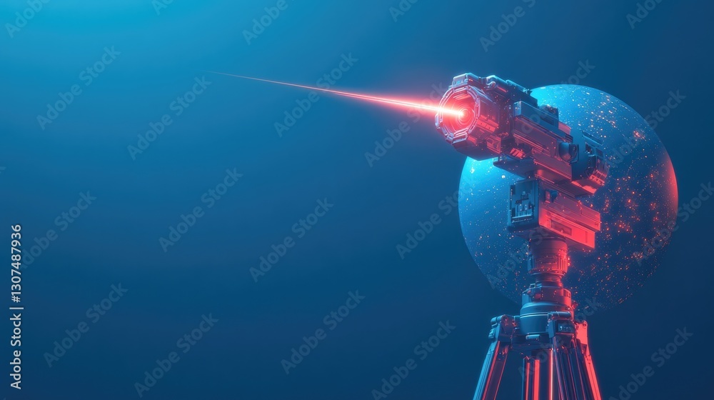 Naklejka premium conceptual image of robotic total station emitting laser beams onto abstract digital earth with copy space