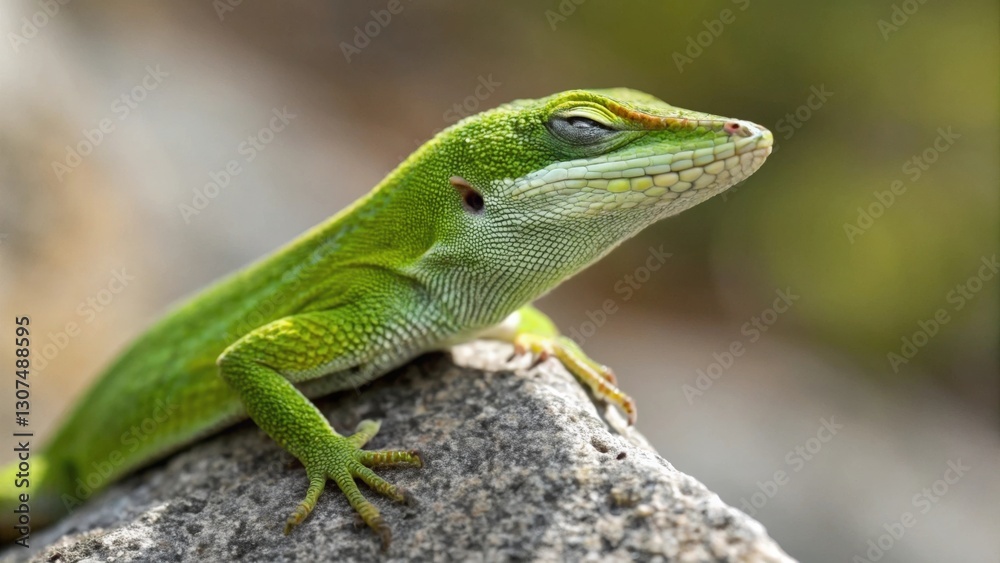 a close-up shot of a green anole lizard perched on a rock, basking in the sunlight. The lizard's green scales and bright eyes are visible, and its long tail wraps around the rock. a close-up shot of a green anole lizard perched on a rock, basking in the sunlight. The lizard's green scales and bright eyes are visible, and its long tail wraps around the rock.