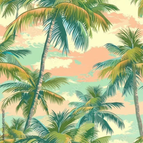 Seamless pattern of palm trees with a stunning sunset backdrop