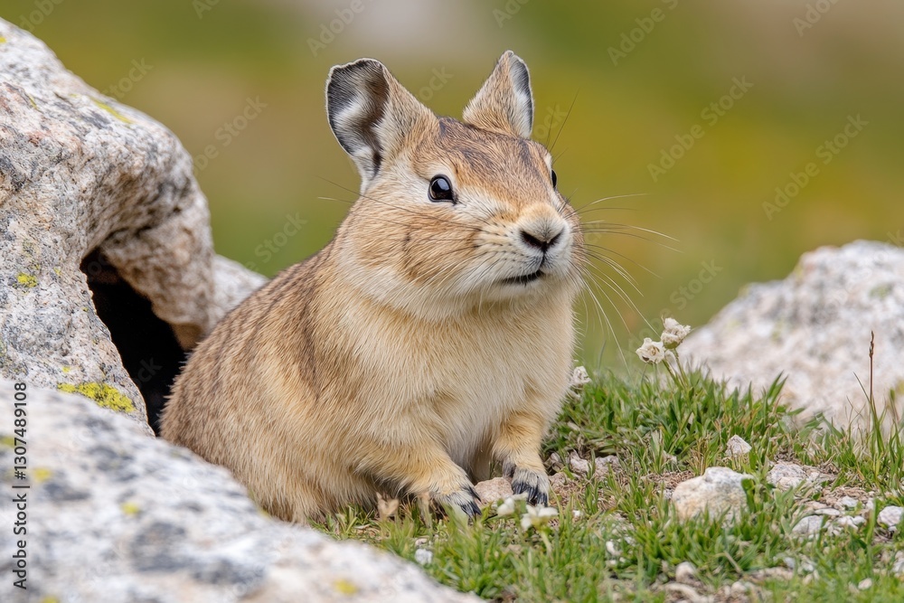 Obraz premium A pika collecting grasses and storing them in a rocky burrow