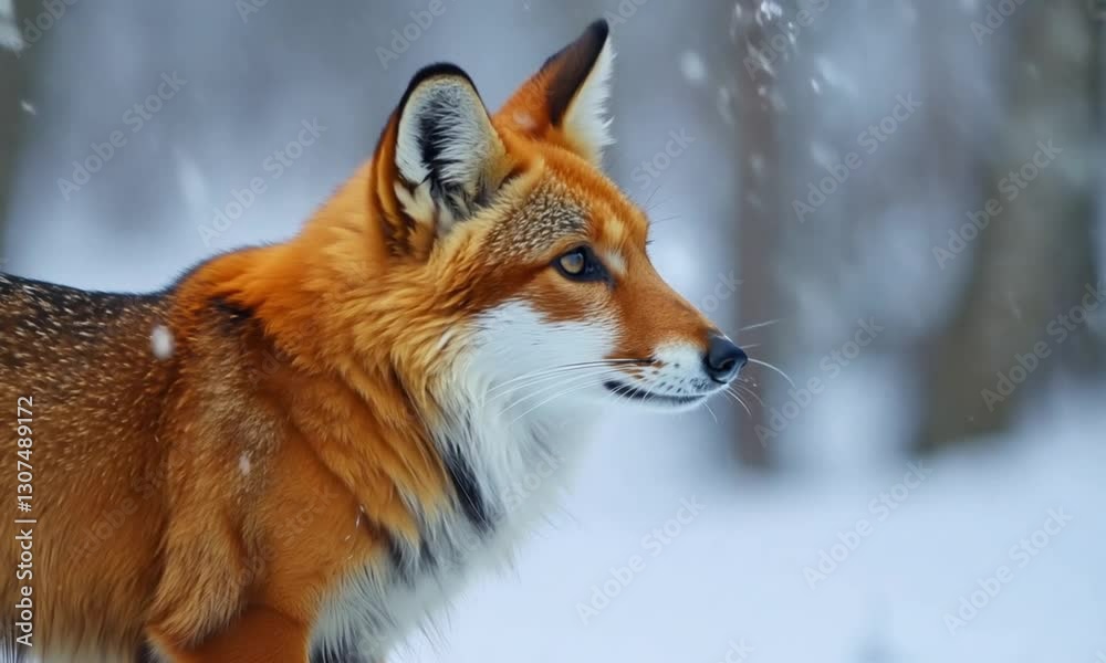 Close-up portrait of a red fox in a winter scene with a snowy background, vibrant orange fur, fluffy white chest, and an alert expression.
Close-up portrait of a red fox in a winter scene with a snowy background, vibrant orange fur, fluffy white chest, and an alert expression.
