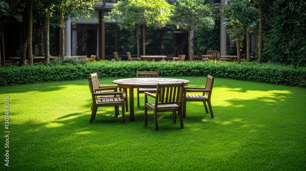 Serene Garden Patio: Wooden Table and Chairs on Lush Green Lawn Serene Garden Patio: Wooden Table and Chairs on Lush Green Lawn