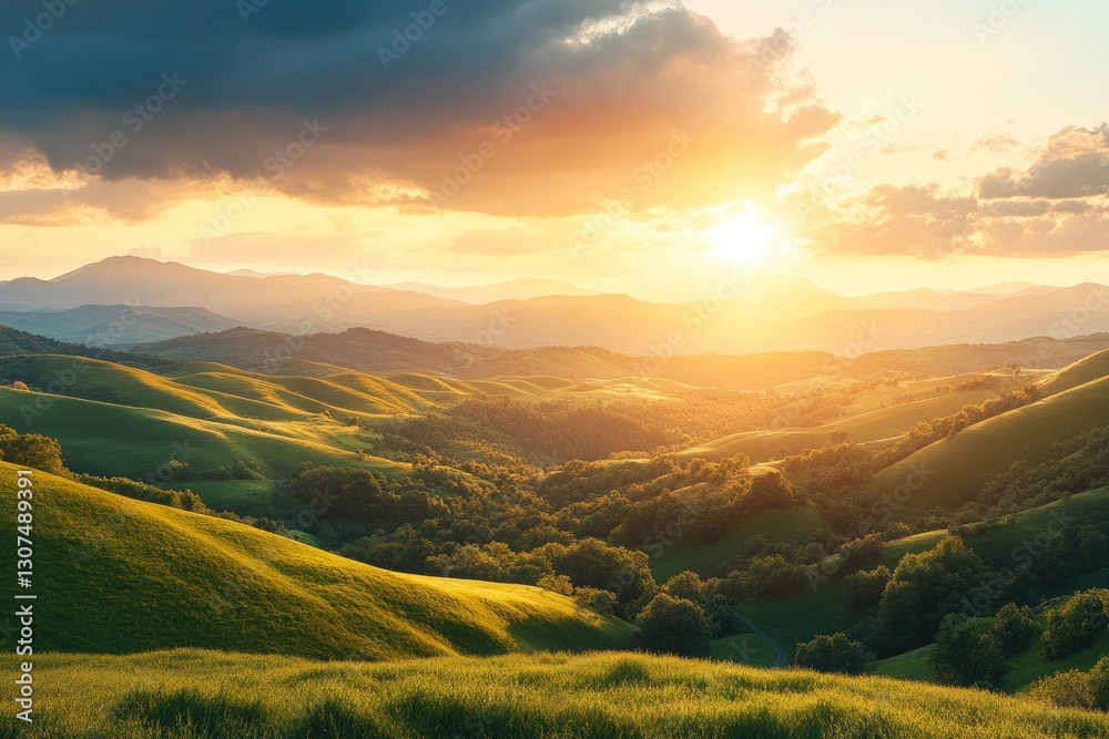 Naklejka premium Stunning Sunset Over Rolling Green Hills and Distant Mountains