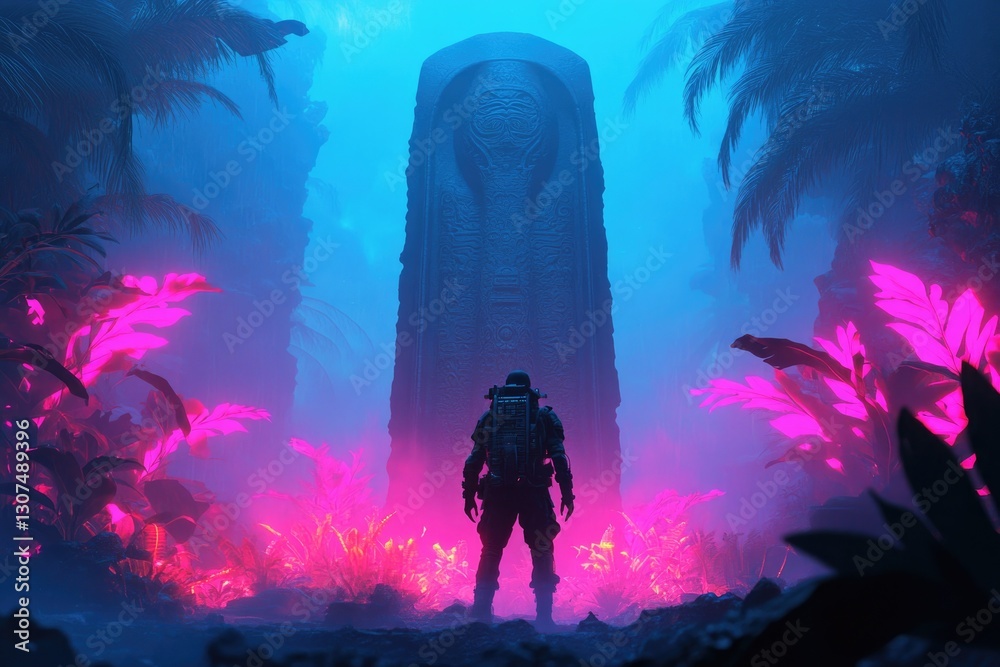 Fototapeta premium human explorer gazing at ancient alien statue surrounded by glowing flora intricate carvings on statue hinting at mysterious
