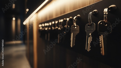 A close-up of a valet parking key storage board with labeled hooks, set against a backdrop of a stylish reception desk in a high-end hotel lobby.