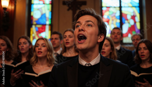 Easter Sunday choir passionately singing in a church with stained glass windows

