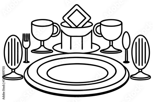 "Stylized Line Art of a Dining Set with Plates and Forks - SVG Vector Illustration"


