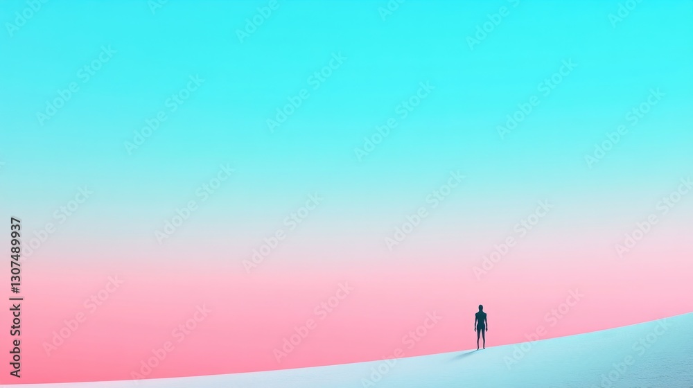 minimalist alien environment with lone humanoid figure standing on smooth terrain vibrant gradients in sky emphasizing
