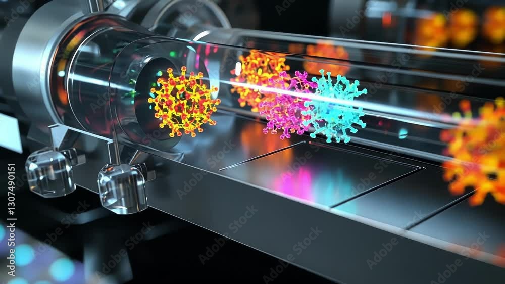 A medium closeup depiction of the flow cytometry devices optical detection system illustrated with detectors positioned strategically around the flow cell capturing emitted fluorescence