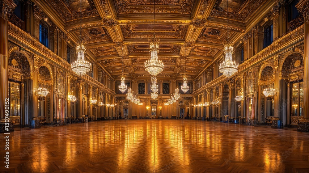 Fototapeta premium A luxury hotel ballroom adorned with crystal chandeliers, polished wooden floors, and elegantly draped tables, prepared for a grand event.