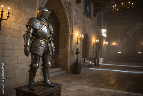 Medieval suit of armor in grand castle hall