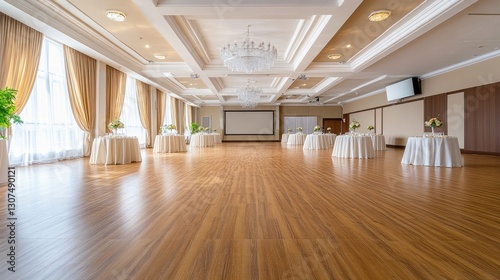 A luxury hotel ballroom adorned with crystal chandeliers, polished wooden floors, and elegantly draped tables, prepared for a grand event.
