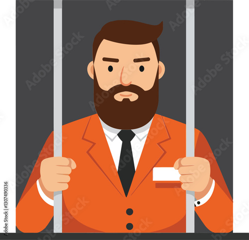 A man in an orange prison uniform behind bars, showcasing a serious expression in a minimal flat vector illustration