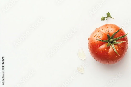 plump ripe organic tomato sits alone on pristine white background its vibrant red color demanding attention photo