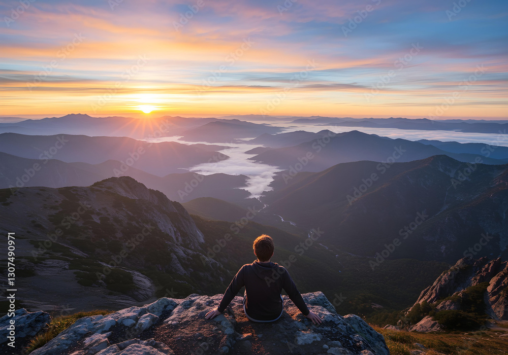 Fototapeta premium Scenic golden sunrise shining between peaks of a grand mountain range.