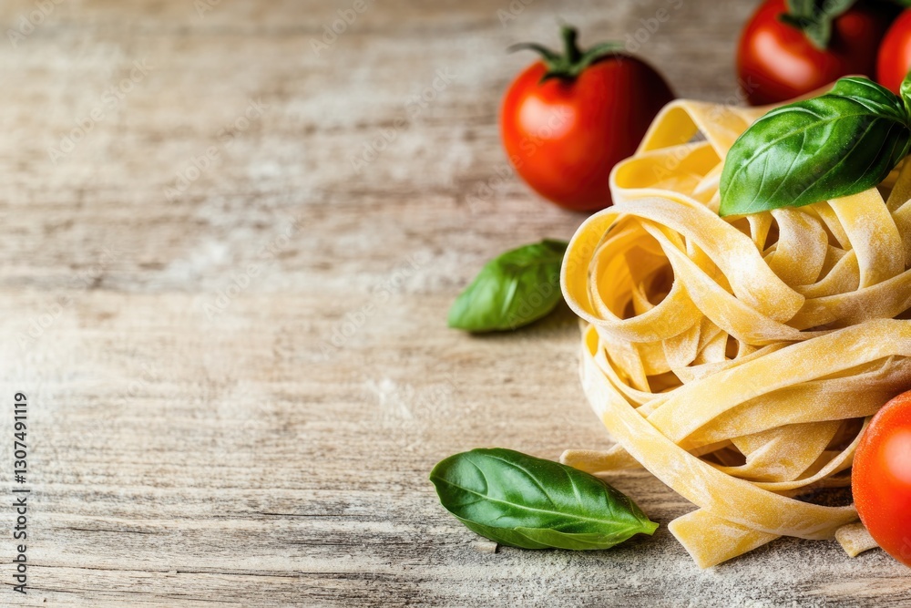 rustic wooden table adorned with freshly made pasta ripe tomatoes and basil essence of italian cuisine captured in rustic wooden table adorned with freshly made pasta ripe tomatoes and basil essence of italian cuisine captured in