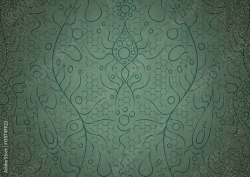 Wallpaper Mural Hand-drawn abstract ornament. Dark green on light cold green background, with vignette of darker background color and splatters of golden glitter. Paper texture. A4. (pattern: p13-2a) Torontodigital.ca