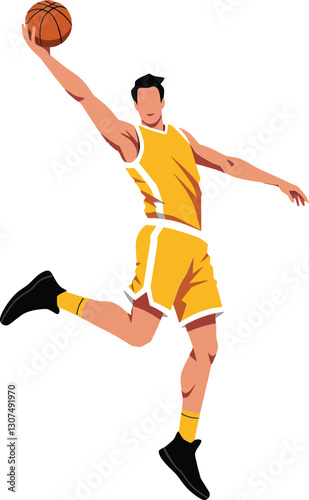 Dynamic male basketball player in action wearing yellow jersey performing an impressive jump shot in a flat vector illustration