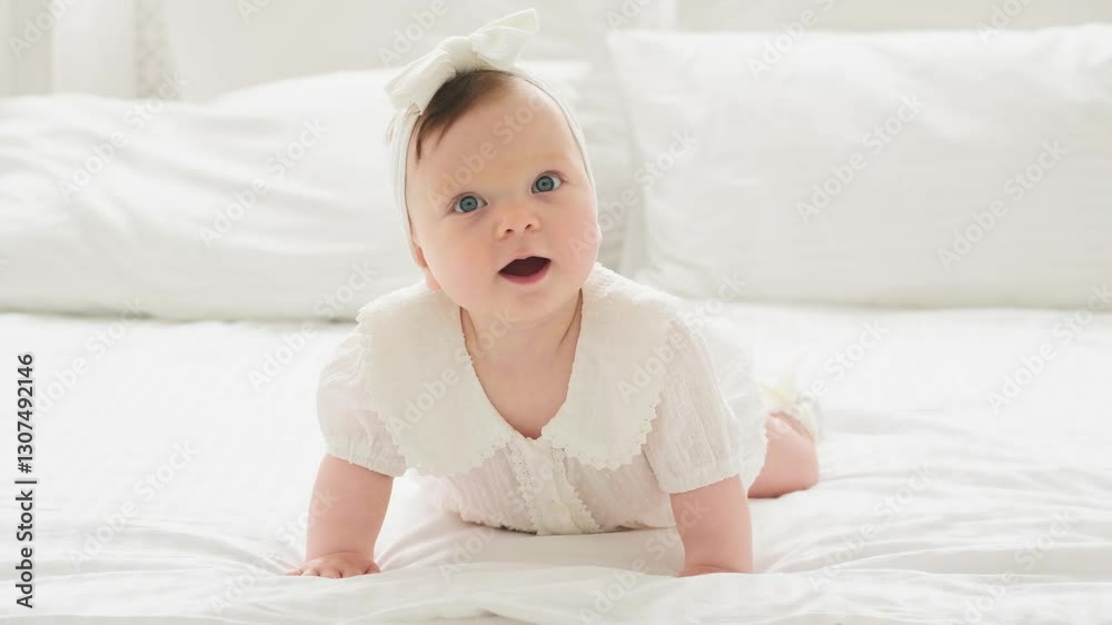 happy smiling newborn baby girl in white clothes on the bed at home, cute baby crawling, space for text, High quality 4k footage. happy smiling newborn baby girl in white clothes on the bed at home, cute baby crawling, space for text, High quality 4k footage.
