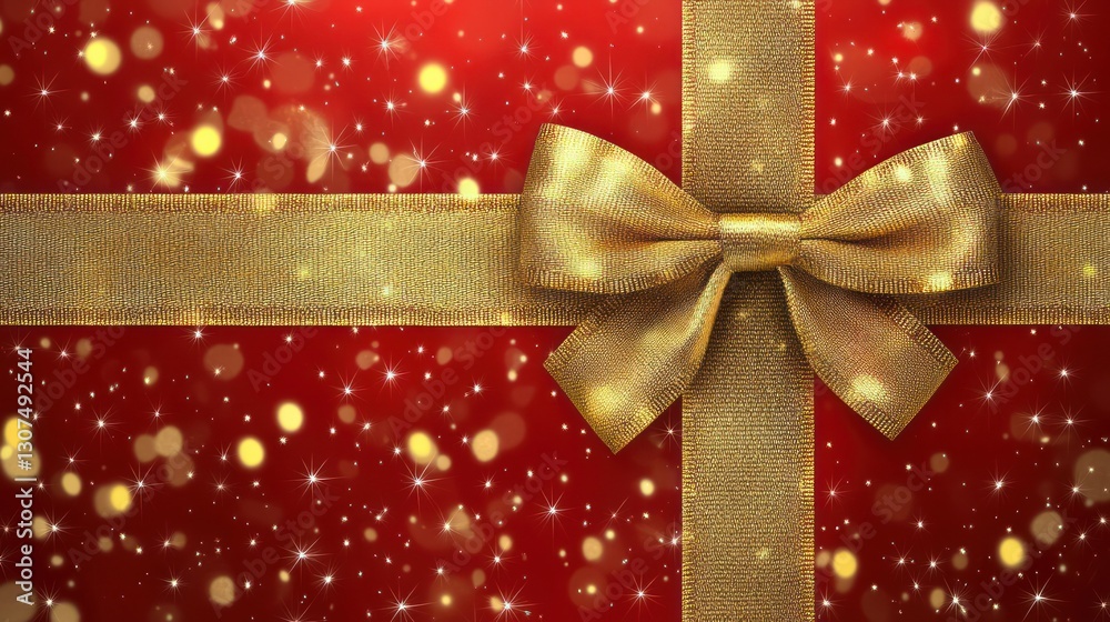 Golden Bow on Red Gift, Festive Sparkle Background Golden Bow on Red Gift, Festive Sparkle Background