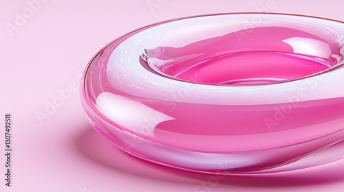 Pink glass torus on pink background, glossy surface, soft light, close up view, abstract 3D rendering.