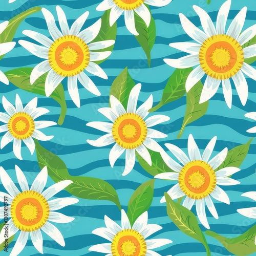 Daisies and leaves pattern on a blue striped background