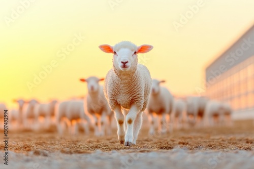 serene wide-angle view of sheep pen filled with lambs and ewes grazing clean layout offering ample negative space for photo