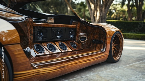 Custom Wood-Finished Car Interior, Open Door, Lush Landscaping Background photo