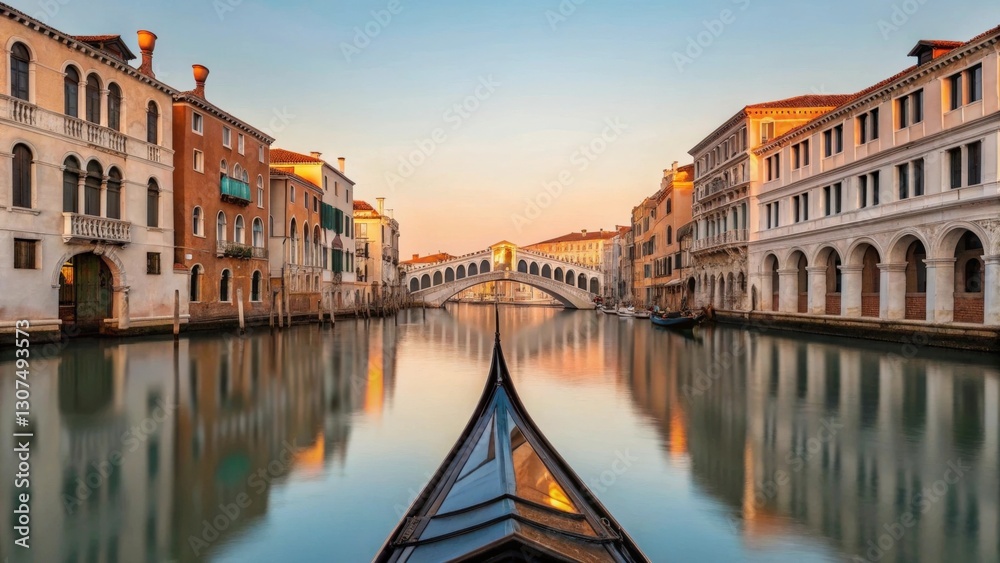 a breathtaking view of a canal in Venice, Italy, featuring a gondola with a bridge and historical buildings in the background