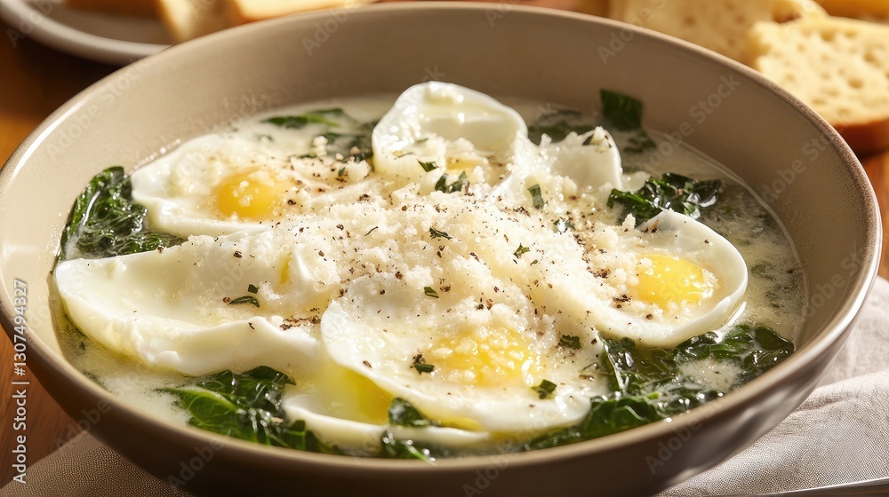A bowl of stracciatella soup with egg ribbons and Parmesan floating in a rich broth. A bowl of stracciatella soup with egg ribbons and Parmesan floating in a rich broth.