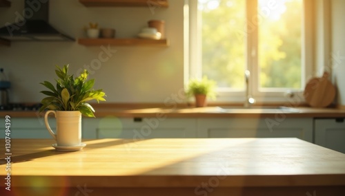Empty kitchen table, sunlight streams through window, cozy, order, day