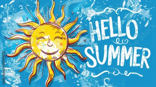 A smiling sun drawing with hello summer below it
