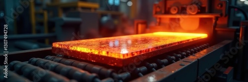 Gleaming hot steel plate moves on industrial conveyor belt, quenching, factory floor, industrial