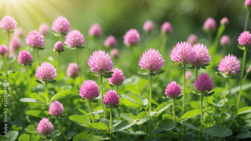Pink clover flowers with clover field background Pink clover flowers with clover field background