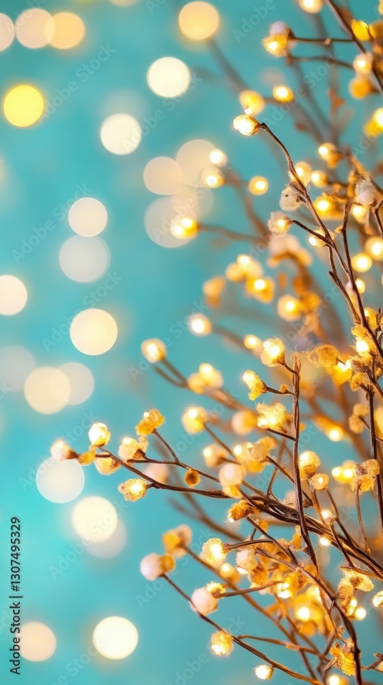 Fototapeta premium Glowing fairy lights adorn delicate branches against a teal bokeh background. Warm, golden light illuminates the scene, creating a festive and magical atmosphere.