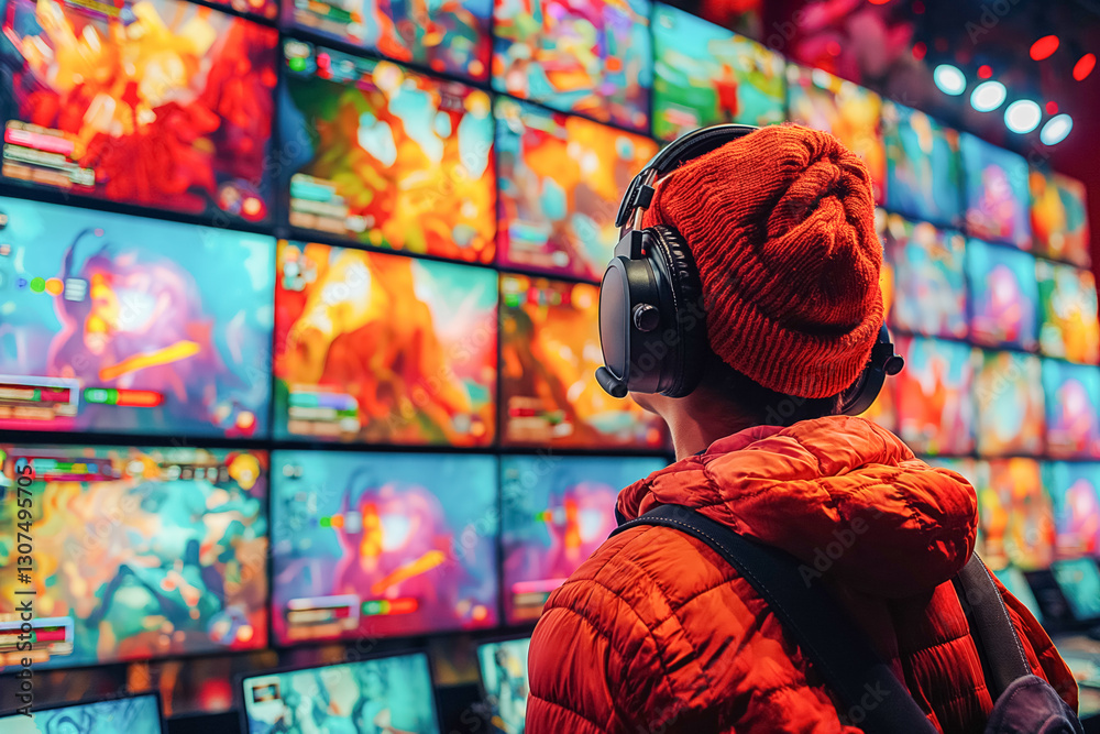 Obraz premium Young man engrossed in video game wall display at esports event