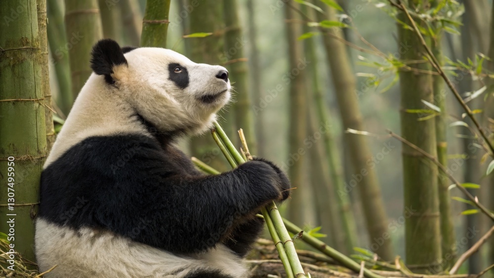 Fototapeta premium a panda bear enjoying a bamboo meal in a bamboo forest
