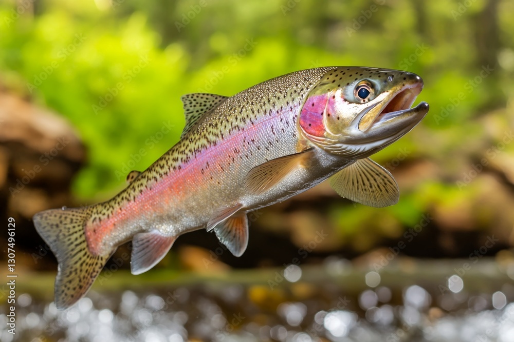 A rainbow trout leaping out of a rushing river to catch an insect in midair A rainbow trout leaping out of a rushing river to catch an insect in midair