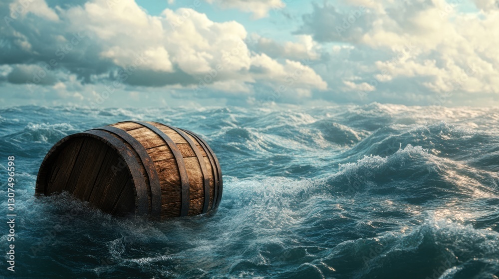 Fototapeta premium Wooden barrel adrift in stormy sea (1)